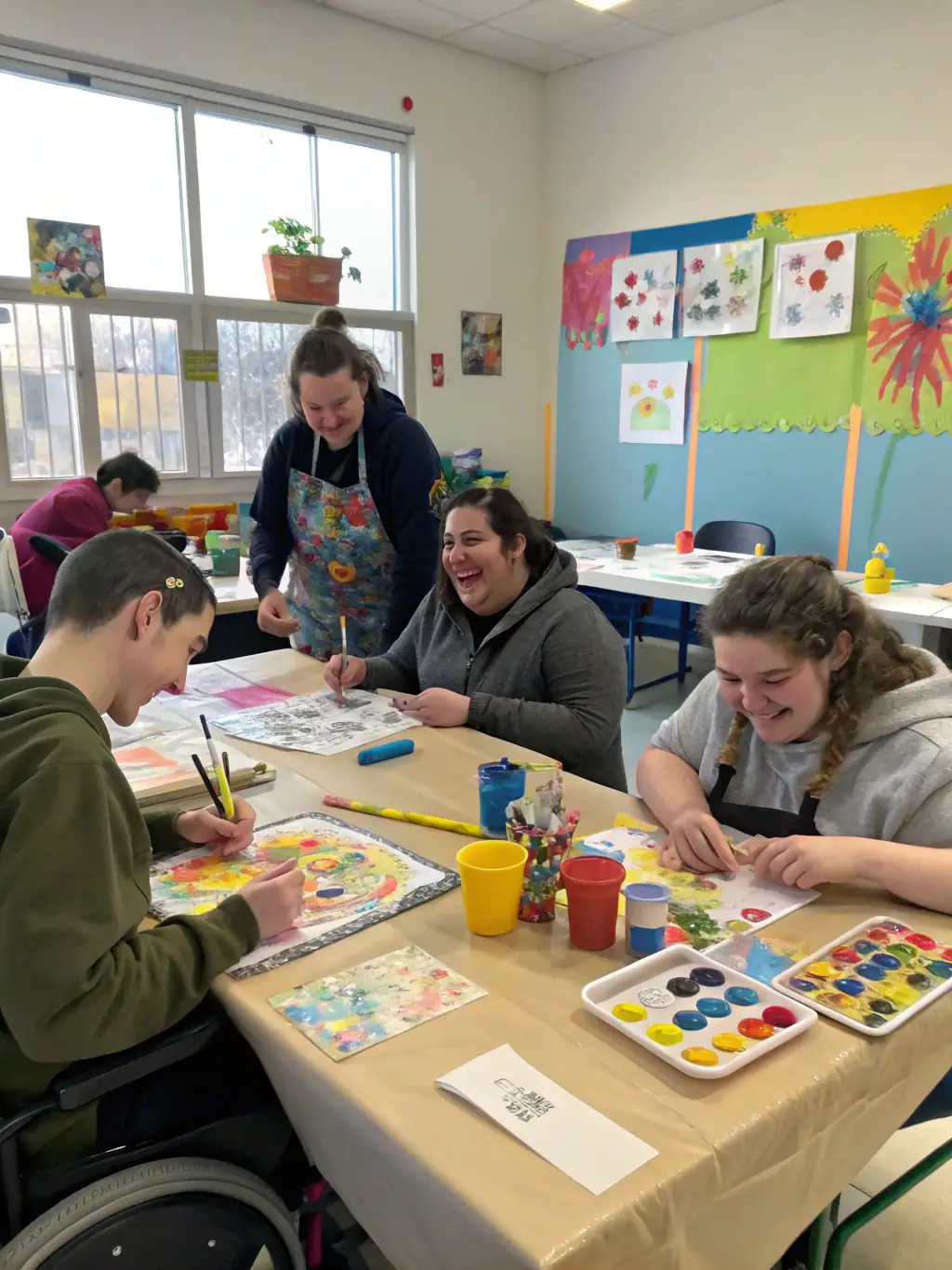 A group of individuals with intellectual disabilities creating art in a studio, showcasing ADAPEI's creative arts program and its therapeutic benefits.