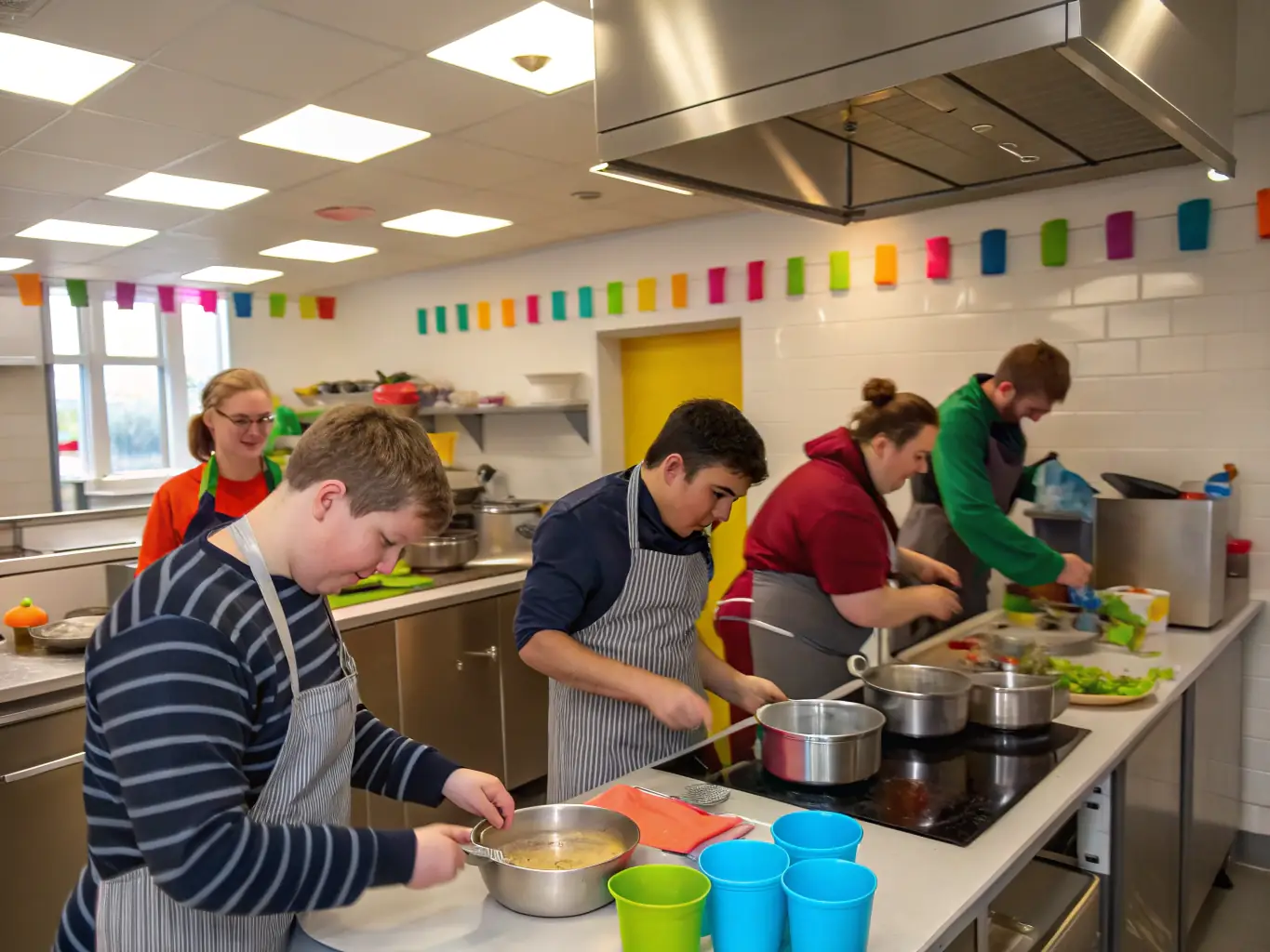 A photograph depicting a group of adults with intellectual disabilities participating in a cooking class, smiling and engaged, in a brightly lit kitchen setting. The scene should convey a sense of community and learning.