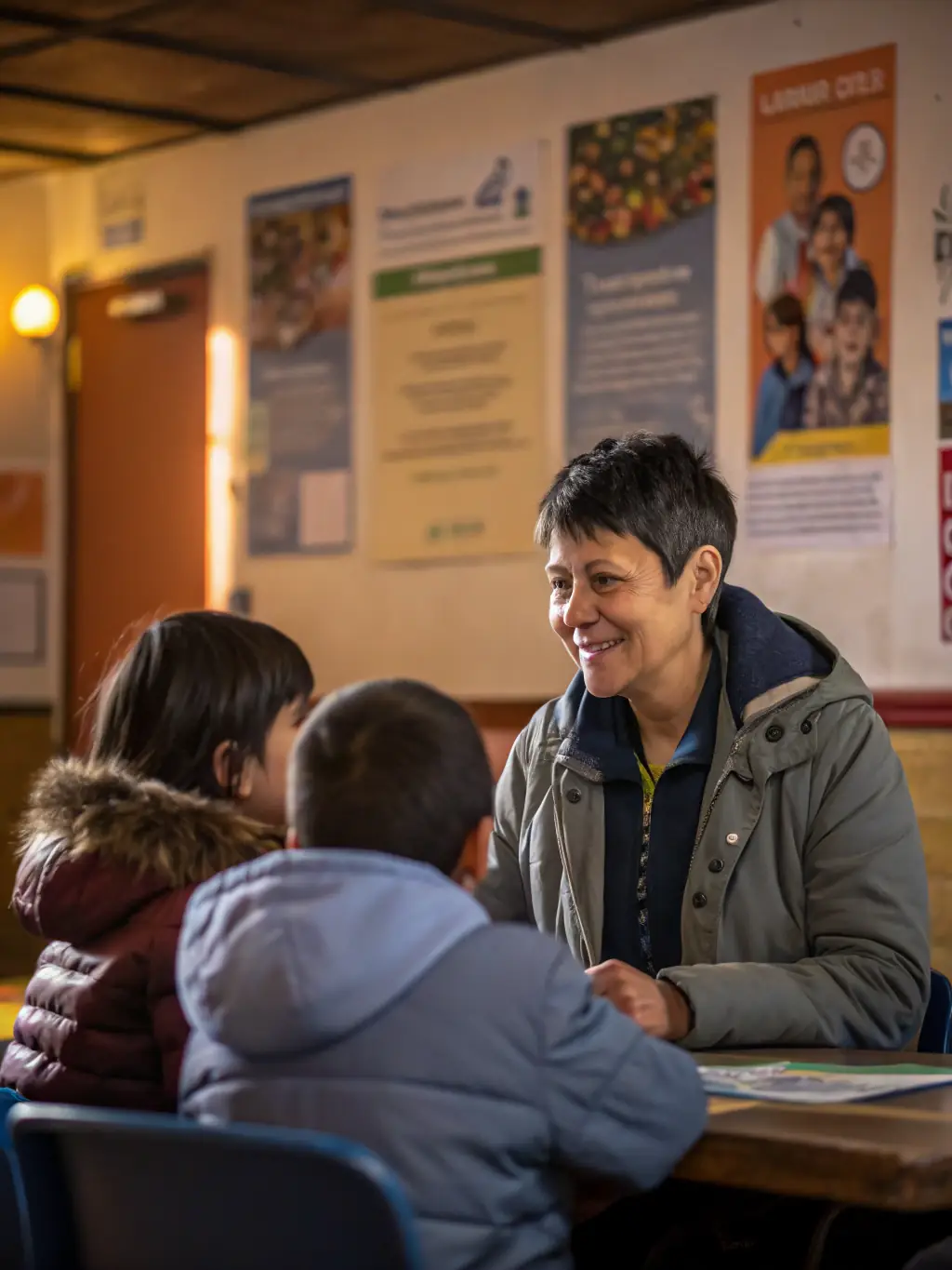 A family receiving counseling and support from an ADAPEI social worker in a comfortable office setting, highlighting the organization's family support services.