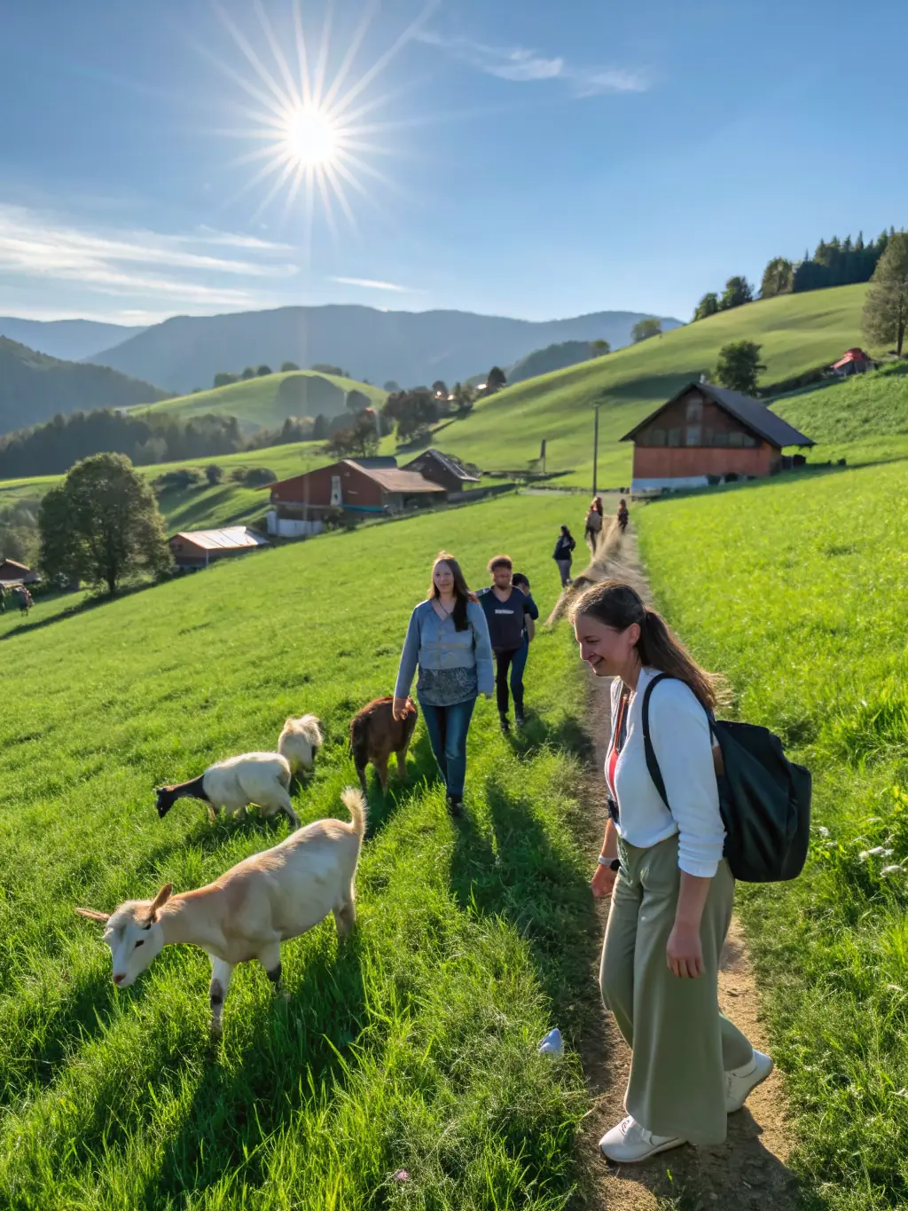 A picture of ADAPEI participants on a field trip to a local farm, learning about agriculture and interacting with animals.