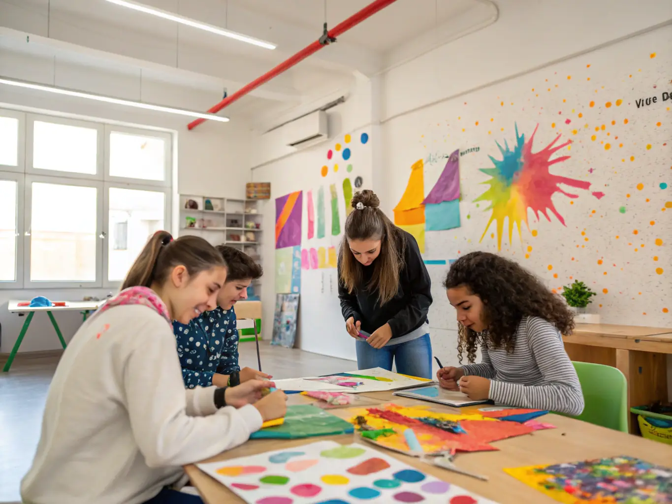 A photograph showing a group of young adults with intellectual disabilities working together on an art project, using various materials and expressing their creativity. The setting is a colorful and supportive art studio.
