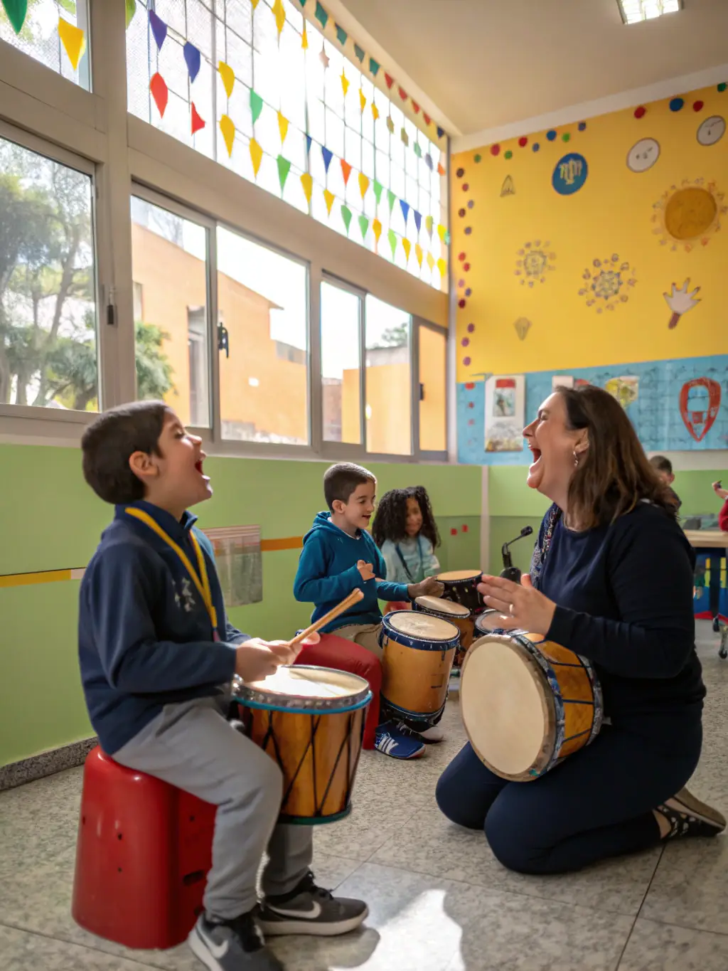 A photo of ADAPEI members participating in a music therapy session, playing instruments and singing together.