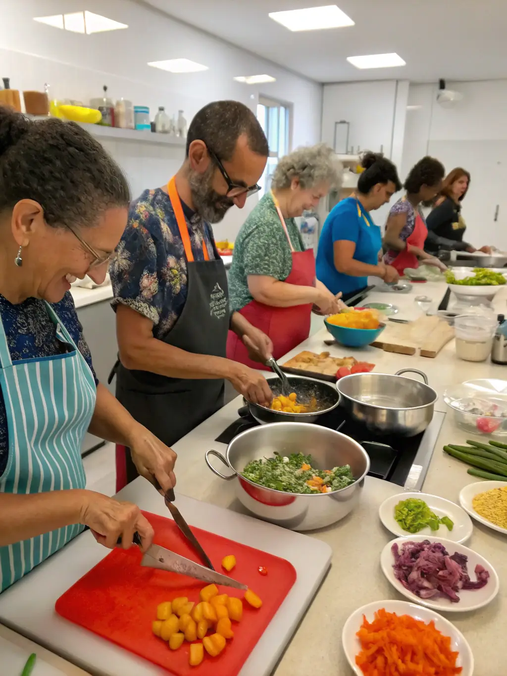 A group of adults with intellectual disabilities participating in a cooking class, smiling and engaged, in a brightly lit kitchen setting, representing ADAPEI's life skills program.