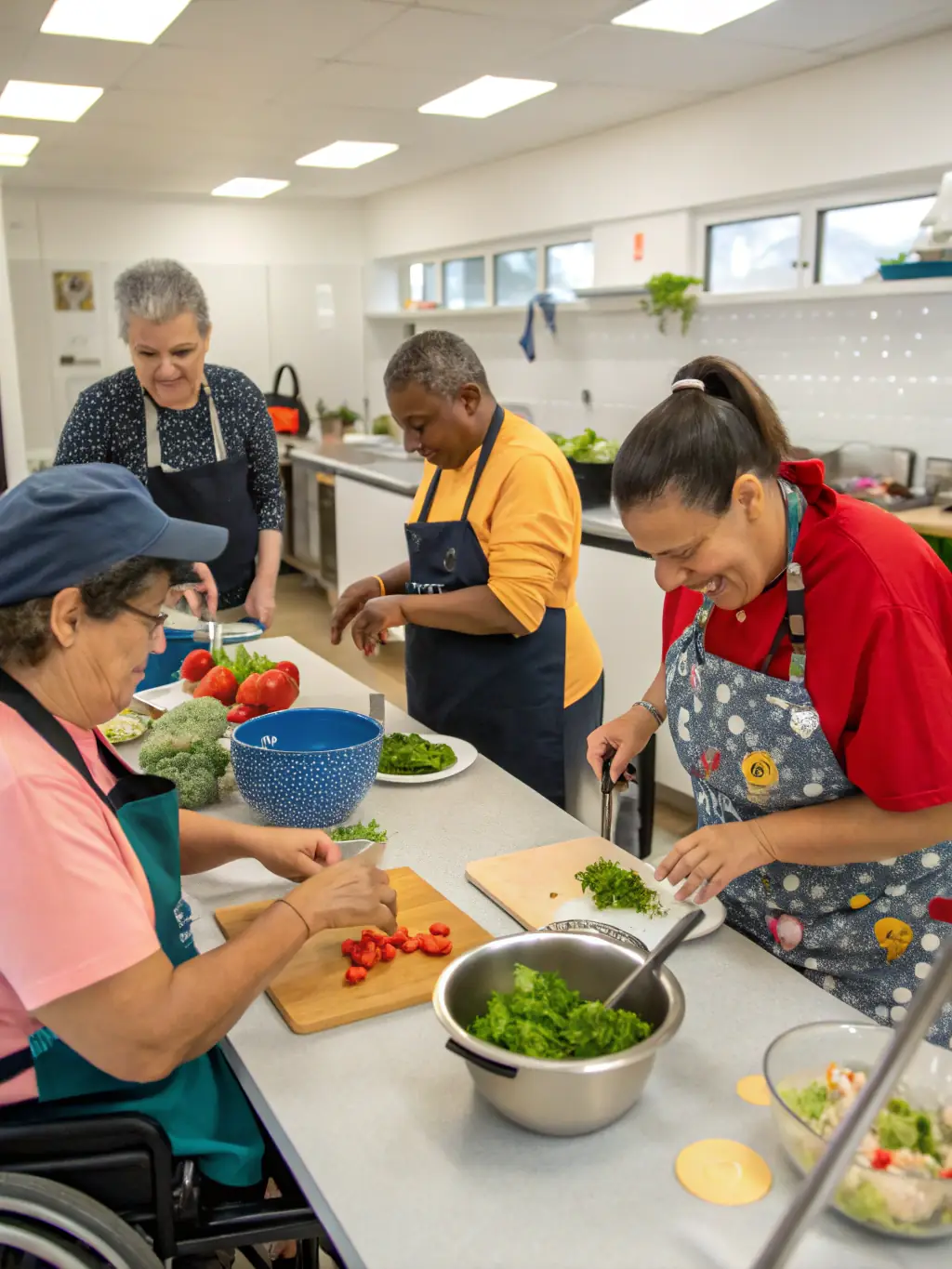 A photograph depicting a group of ADAPEI participants engaged in a cooking class, smiling and interacting with the instructor.