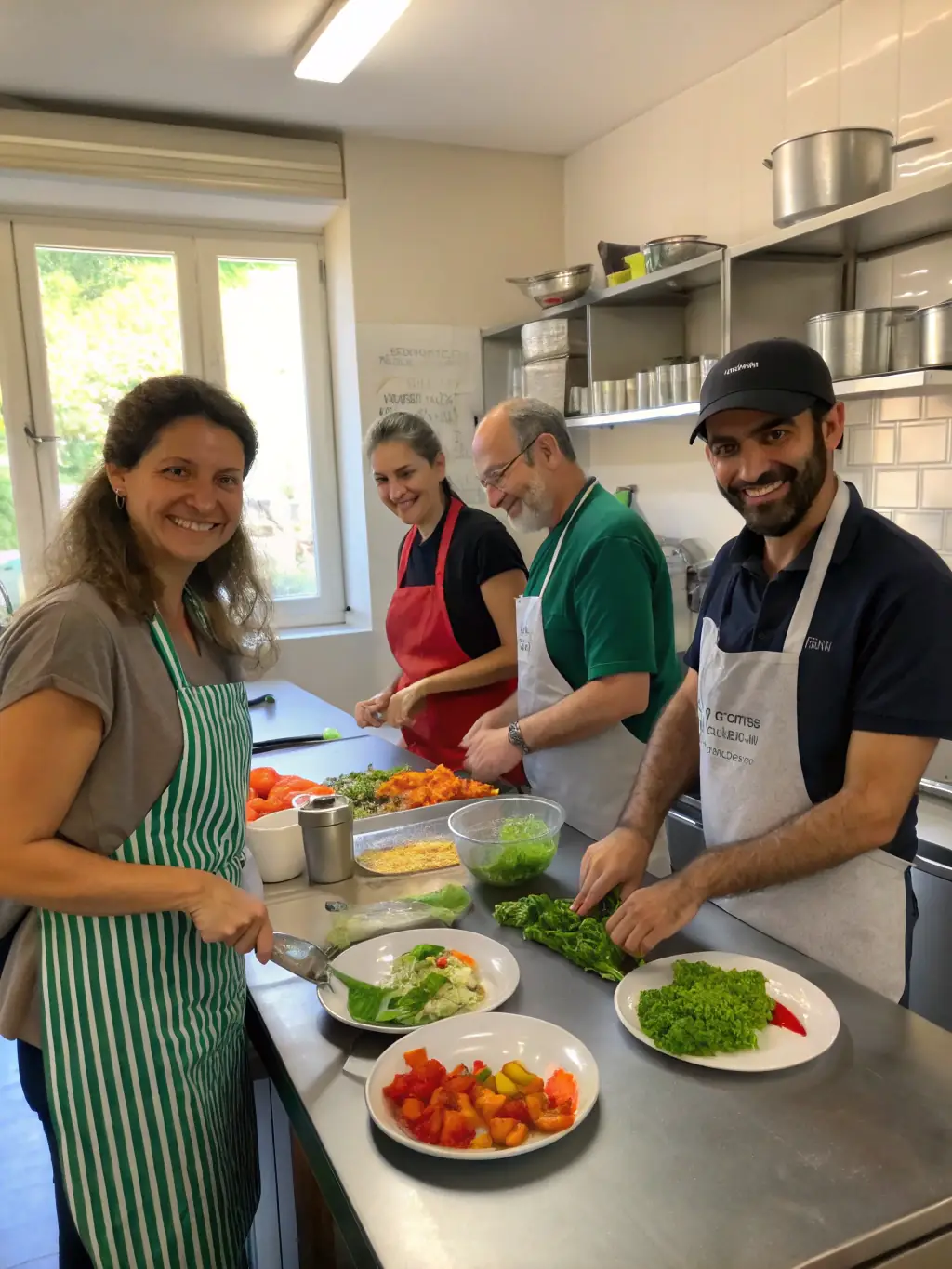A group of adults with intellectual disabilities participating in a cooking class, smiling and engaged, in a brightly lit kitchen setting, showcasing ADAPEI's life skills program.