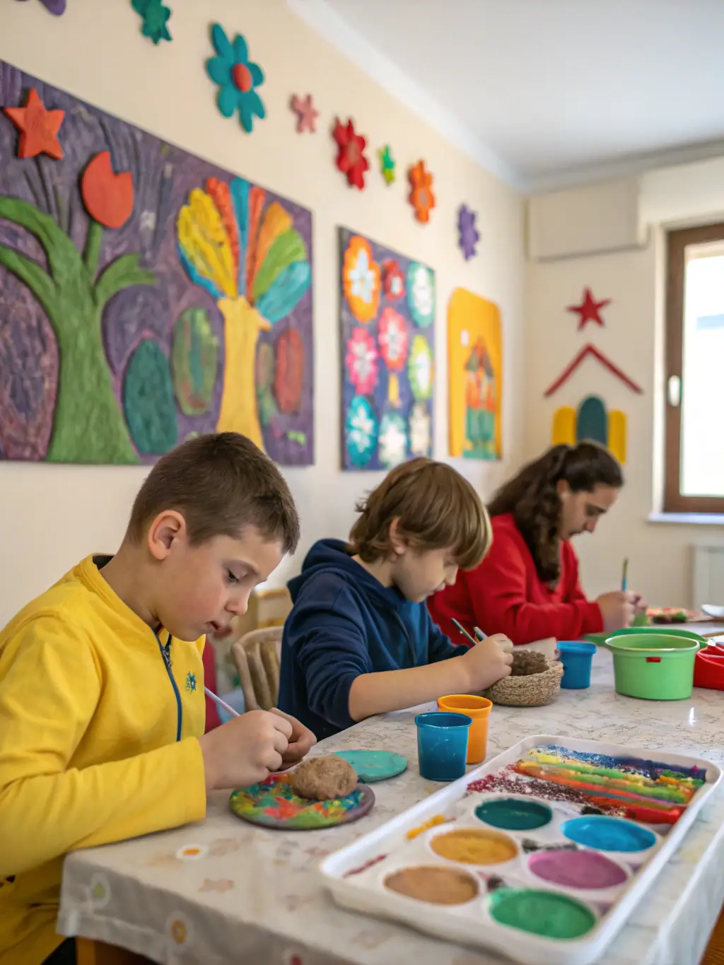 An image showing ADAPEI members participating in an art therapy session, expressing themselves creatively through painting and sculpture.