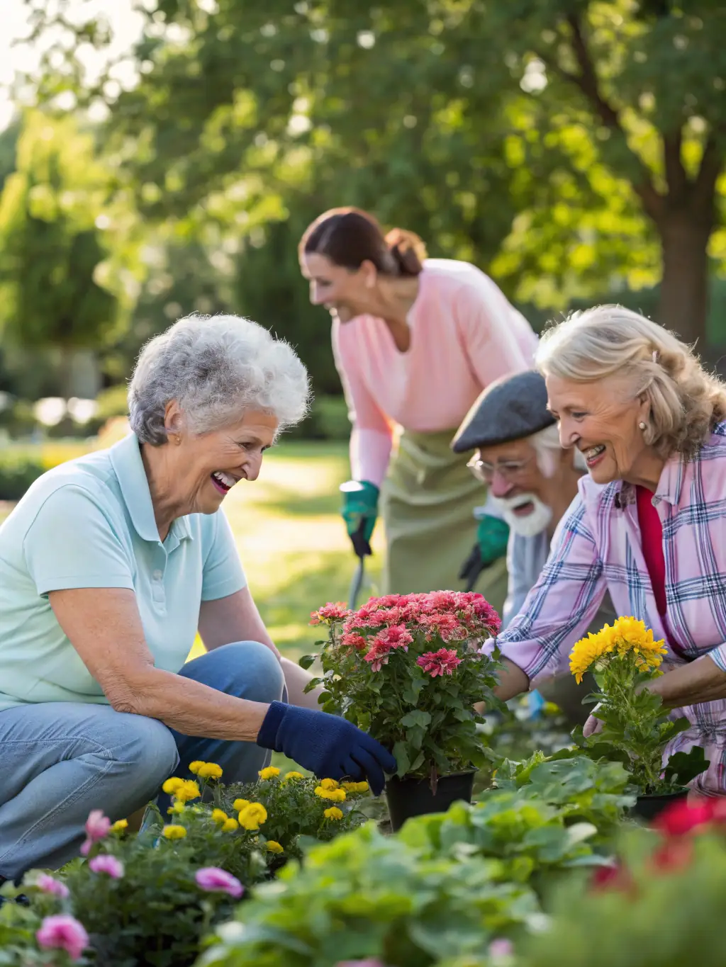 A group of seniors with intellectual disabilities enjoying a social outing at a local park, interacting with each other and community members, representing ADAPEI's community integration program.