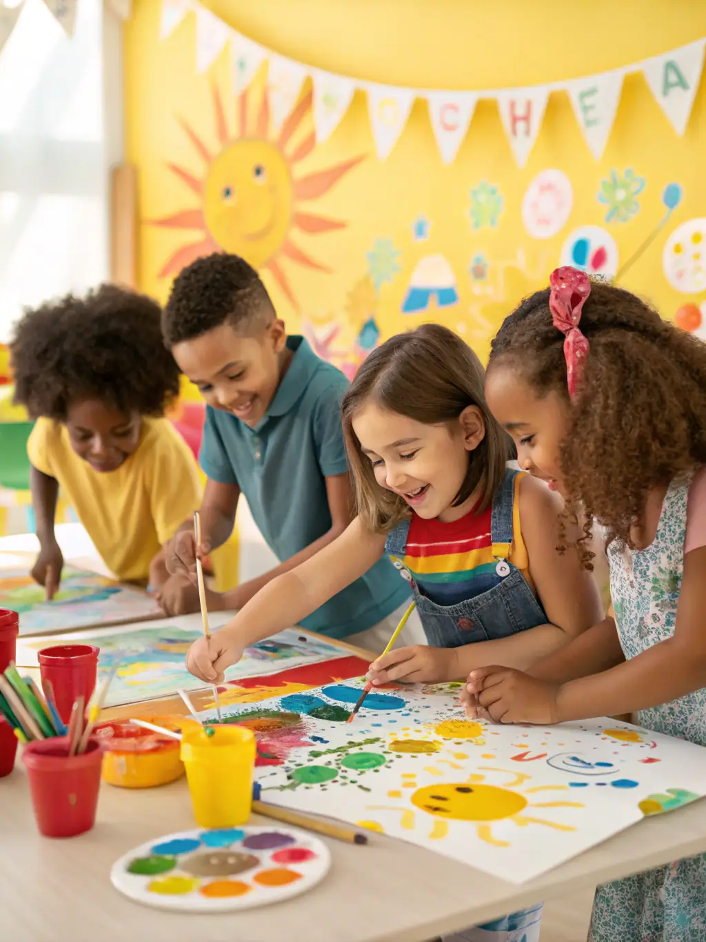 Children with intellectual disabilities participating in an art therapy session, expressing themselves creatively with paint and other materials, in a colorful and stimulating art studio, representing ADAPEI's therapeutic activities.