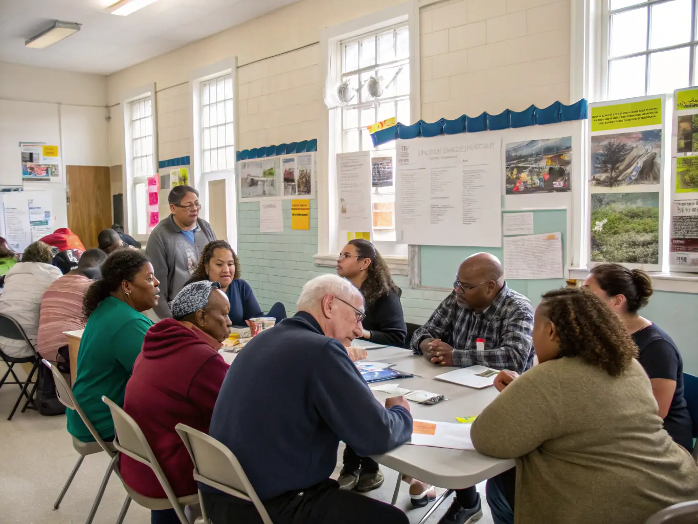 A collaborative image showing people from different cultural backgrounds participating in a cultural exchange forum, fostering dialogue and mutual understanding. The setting is a community center or conference room.