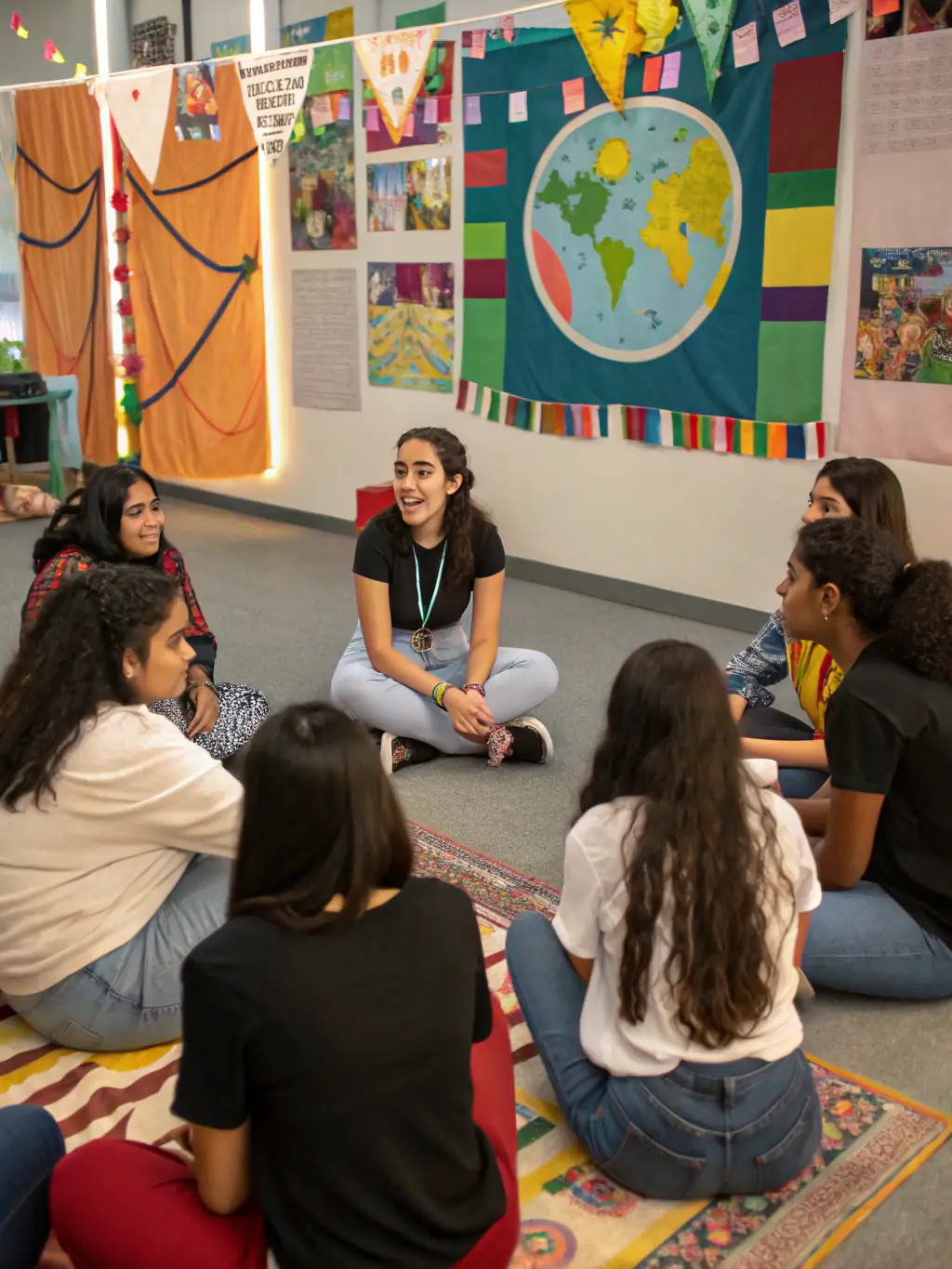 A diverse group of people actively participating in a cultural exchange forum, sharing stories and traditions.