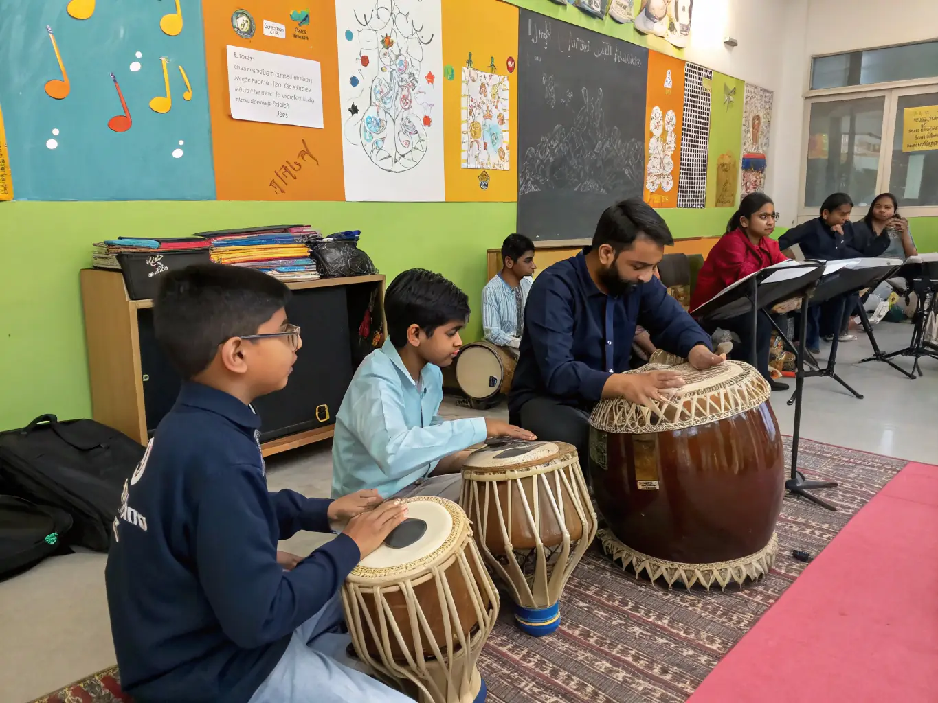 A lively photo of students playing traditional instruments from around the globe in a classroom setting, highlighting the diversity and appreciation of world music.