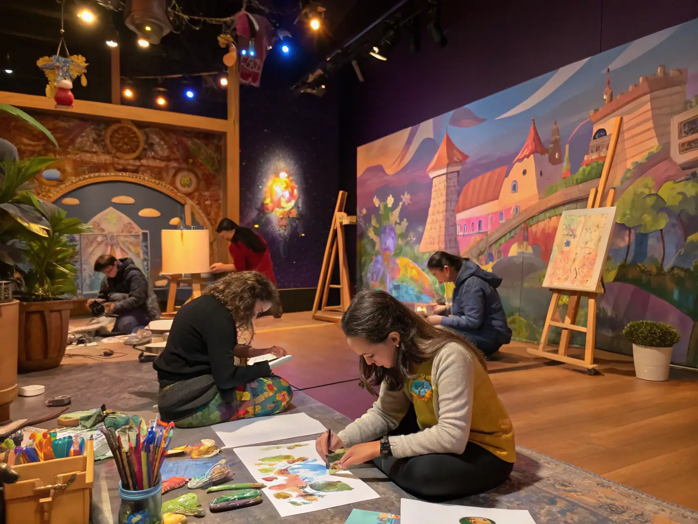 A vibrant image depicting participants actively engaged in a cultural education workshop, showcasing hands-on learning and creative expression. The setting is a well-lit studio with various art supplies and musical instruments.