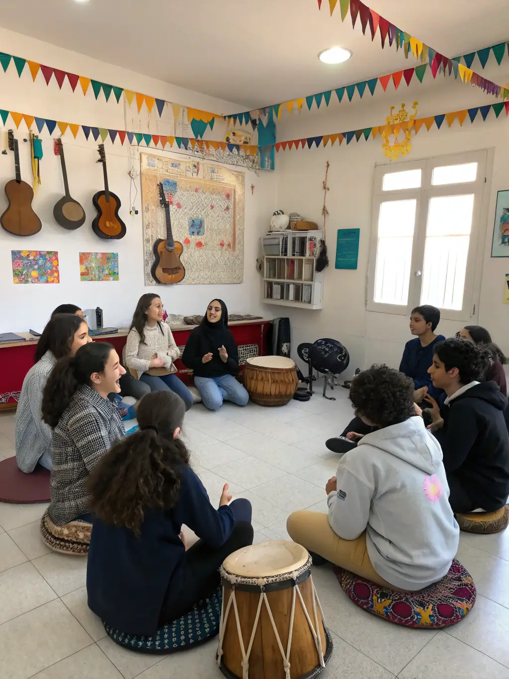 A lively photo of students playing traditional instruments from around the world in a world music course.