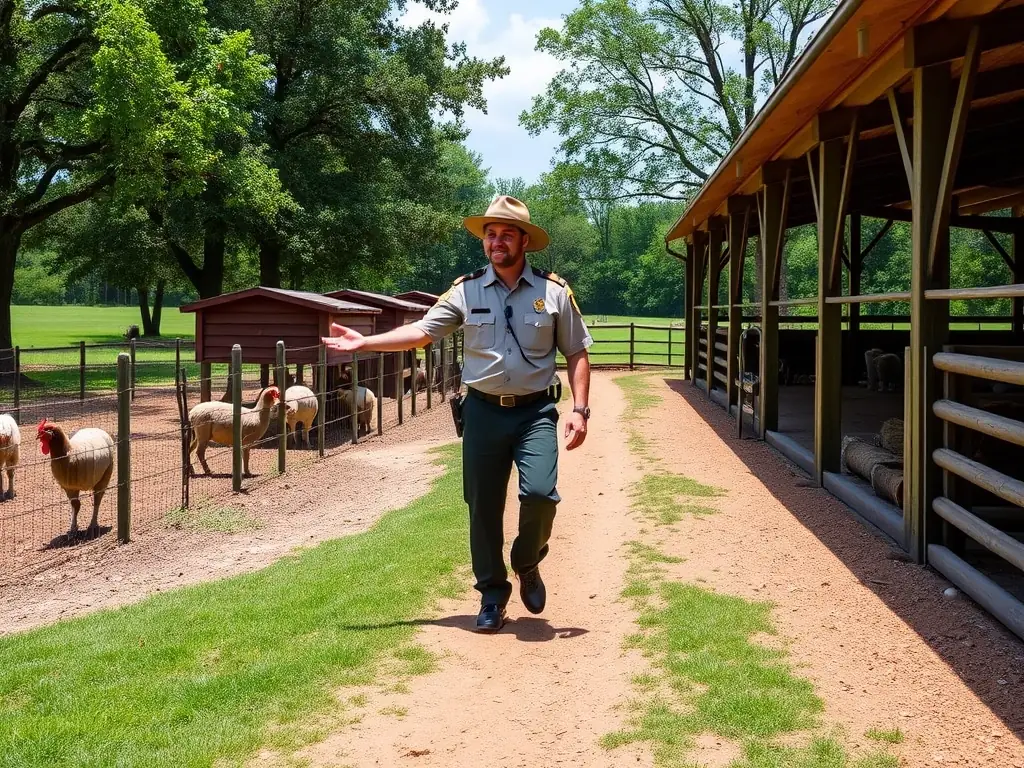 A park ranger leading a guided tour through the animal enclosures at HI-HAN, explaining the unique characteristics and conservation needs of each species.