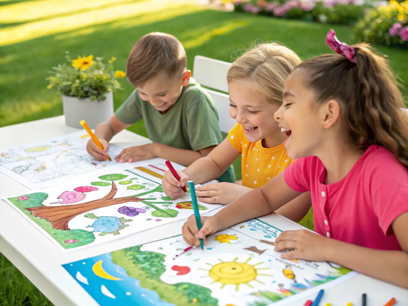 A photograph capturing children engaging in a creative activity related to animals, such as drawing or crafting, at the HI-HAN animal park.