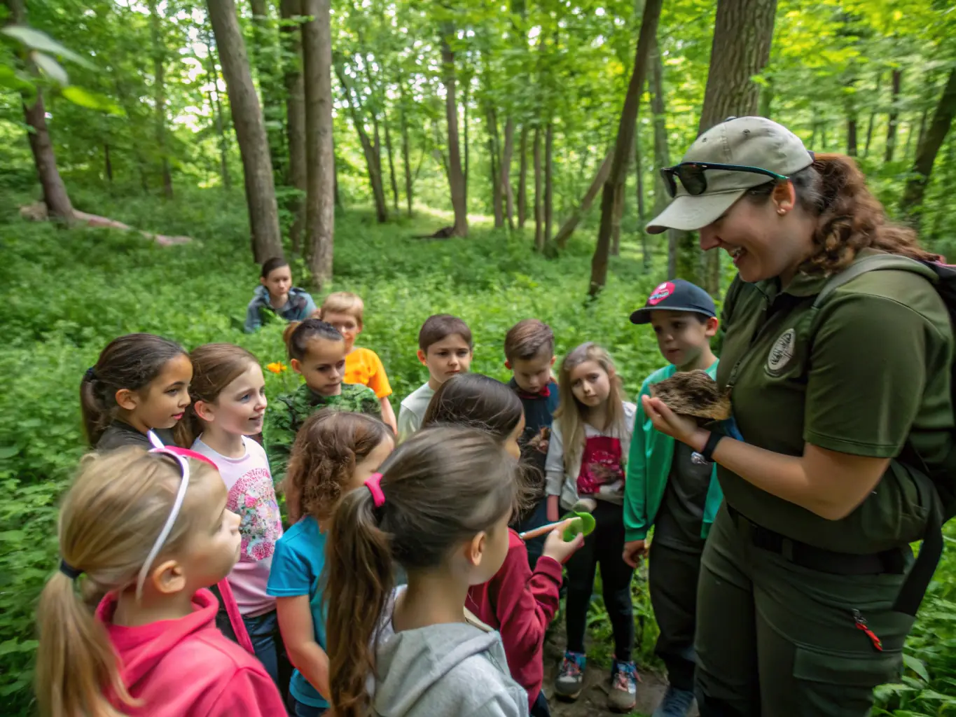 A vibrant scene of children participating in a hands-on workshop about animal care at the HI-HAN animal park, with instructors demonstrating best practices.