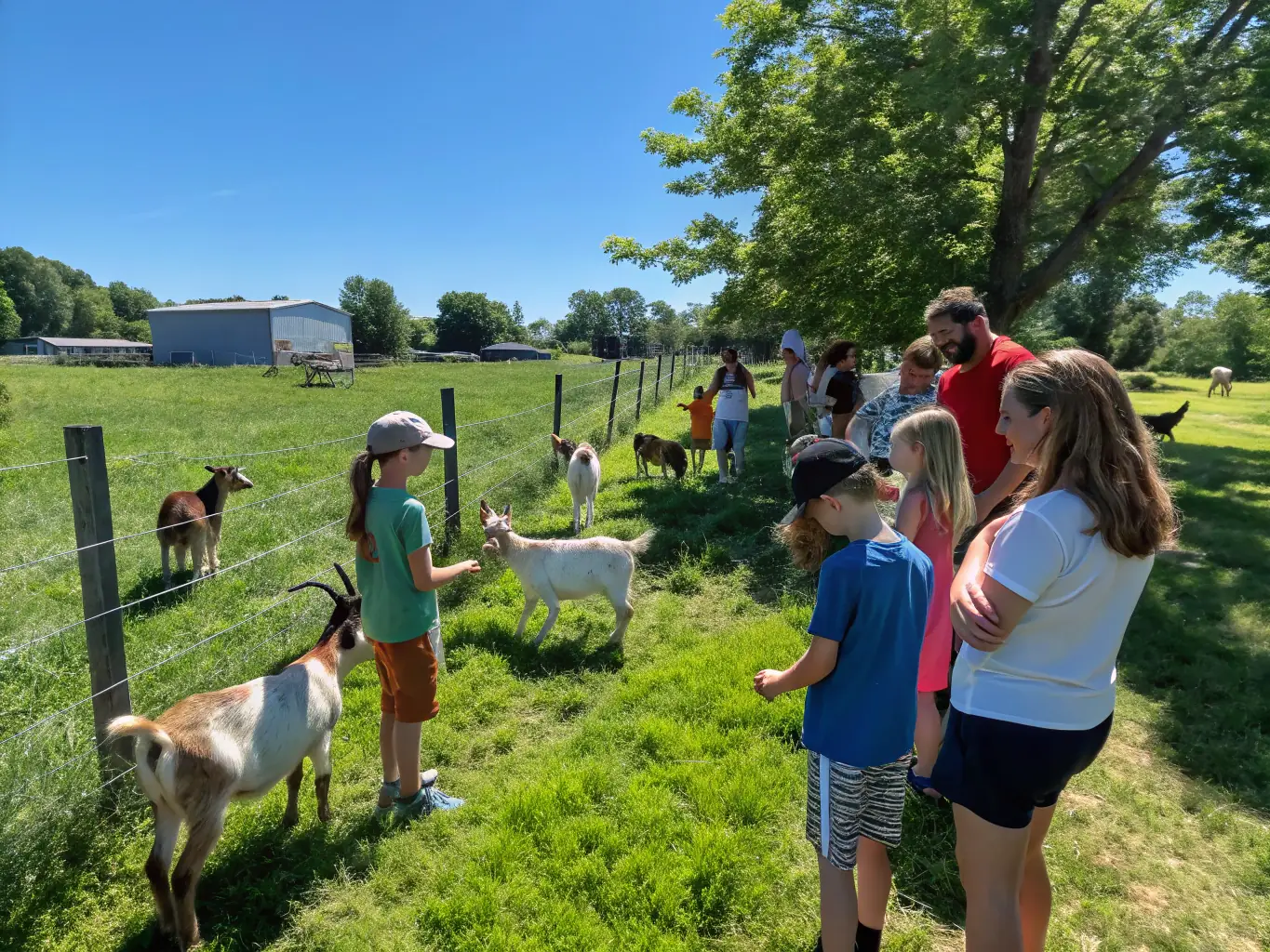 A group of children and adults observing farm animals during a guided tour, with a friendly guide explaining animal features at the HI-HAN animal park.