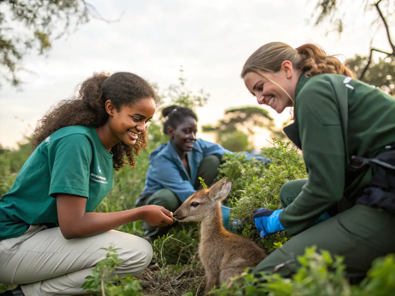 A group of volunteers working together to clean and maintain the animal enclosures at HI-HAN, showcasing the organization's commitment to animal welfare.
