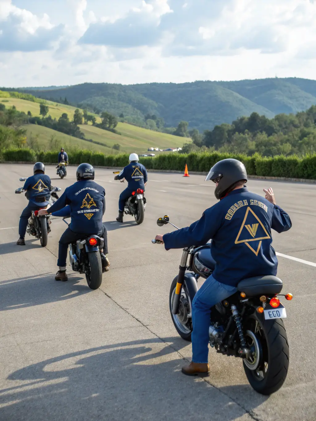 A group of motorcyclists participating in a training session, demonstrating the practical skills and safety knowledge gained through FMF 04's programs.
