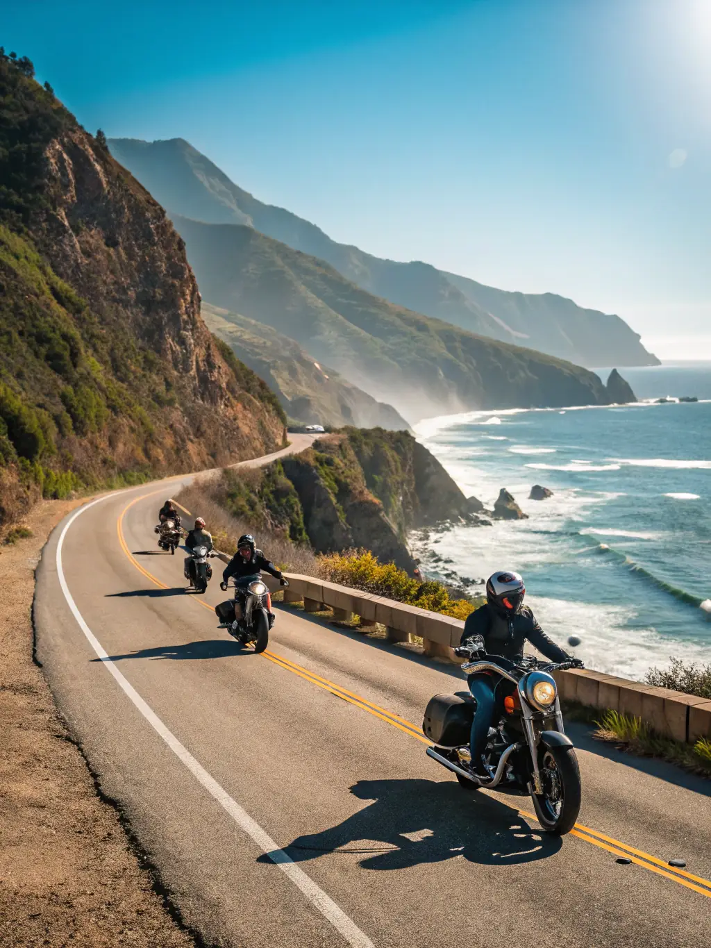 A high-resolution image of a group of motorcyclists riding through the scenic roads of Alpes-de-Haute-Provence during a sunny day, showcasing the beauty of the region and the camaraderie of the riders.