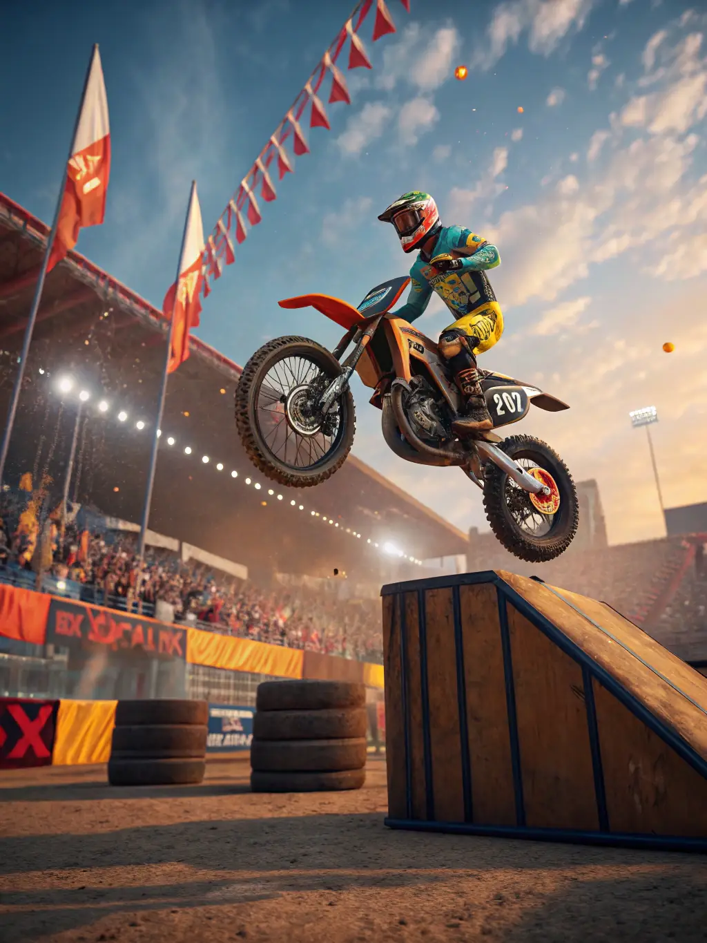 An image capturing the excitement of a motorcycle stunt show during a community event, highlighting the skill and precision of the riders and the entertainment value for spectators.
