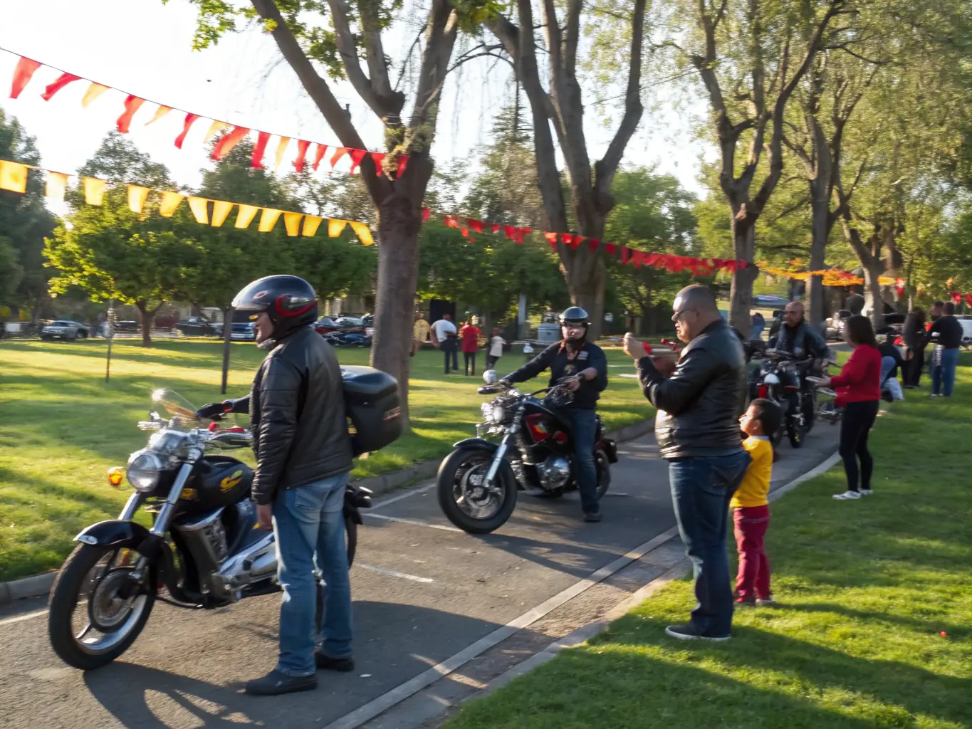 A photograph of motorcyclists interacting with community members during a safety awareness event, highlighting the club's commitment to responsible riding.