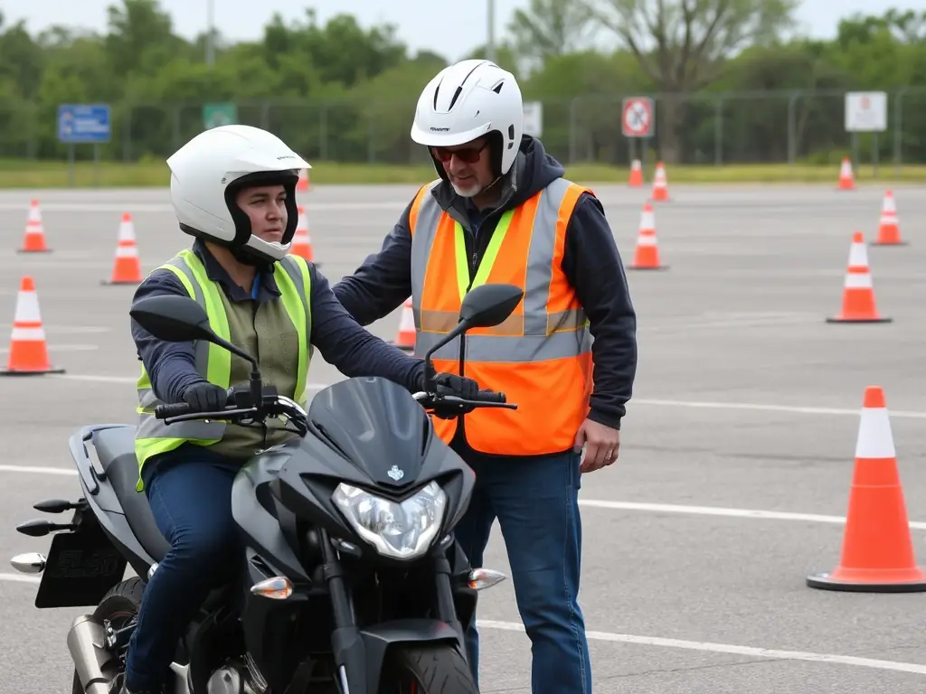 An image of a motorcycle instructor guiding a group of riders during a safety training session in a scenic outdoor setting, emphasizing the importance of safe riding practices.